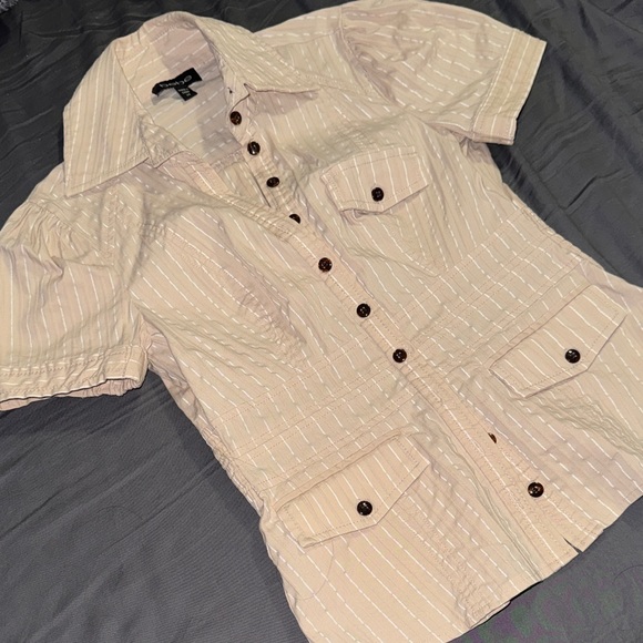 Bebe Beige Striped Button-Up Shirt - Picture 5 of 9
